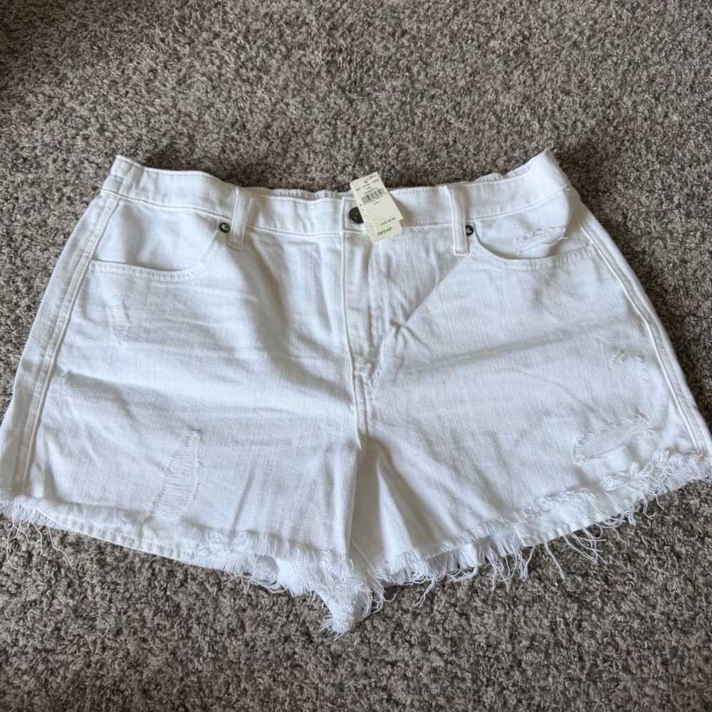 Aerie White Distressed Denim Shorts Elastic Back Raw Hem US L 067-0706-7655